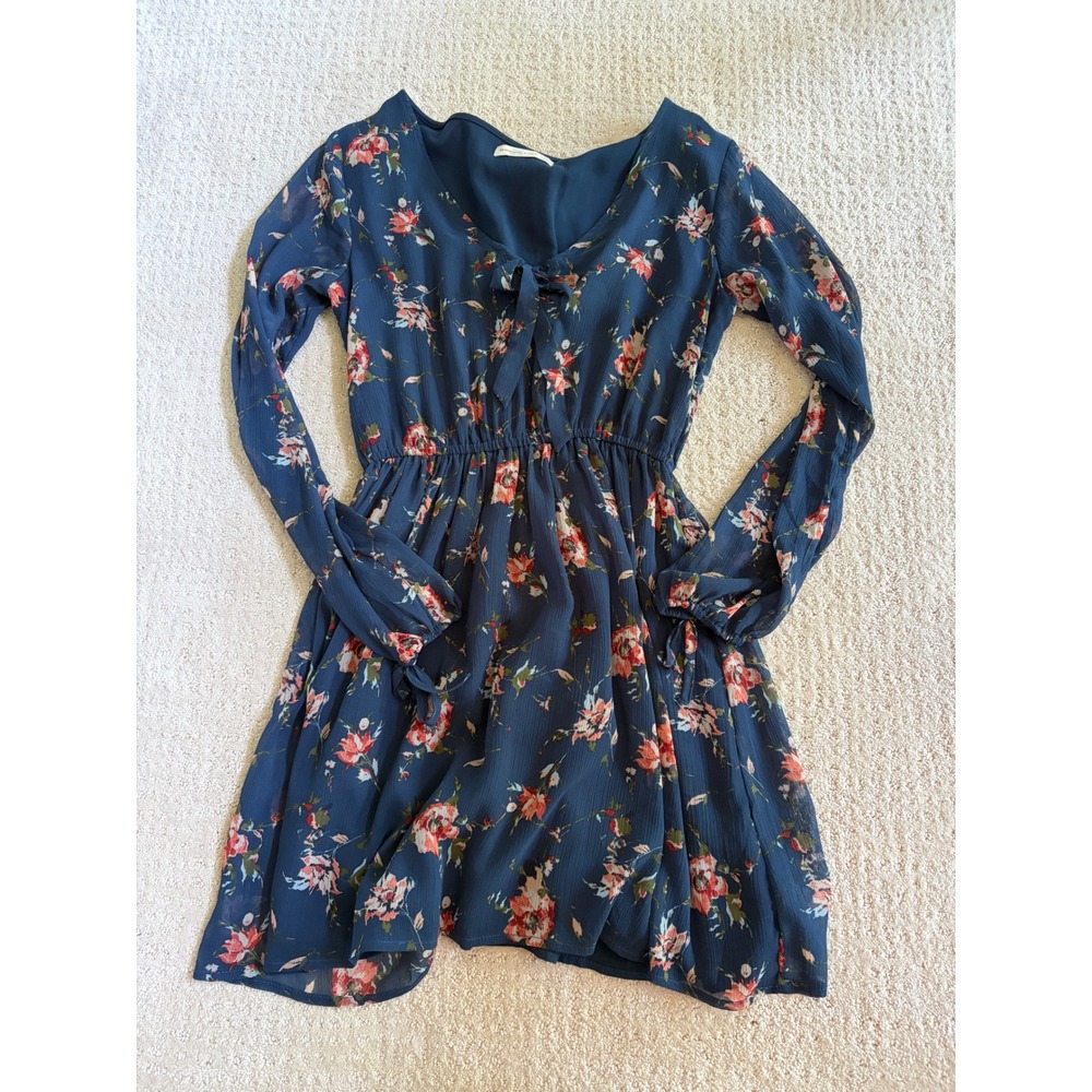 Abercrombie & Fitch Womens Navy Blue Floral Long Sleeve Tie Neck Mini Dress S